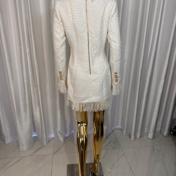 White Tweed Mini Dress Gold Buttons Sz 0 - Picture 7 of 8